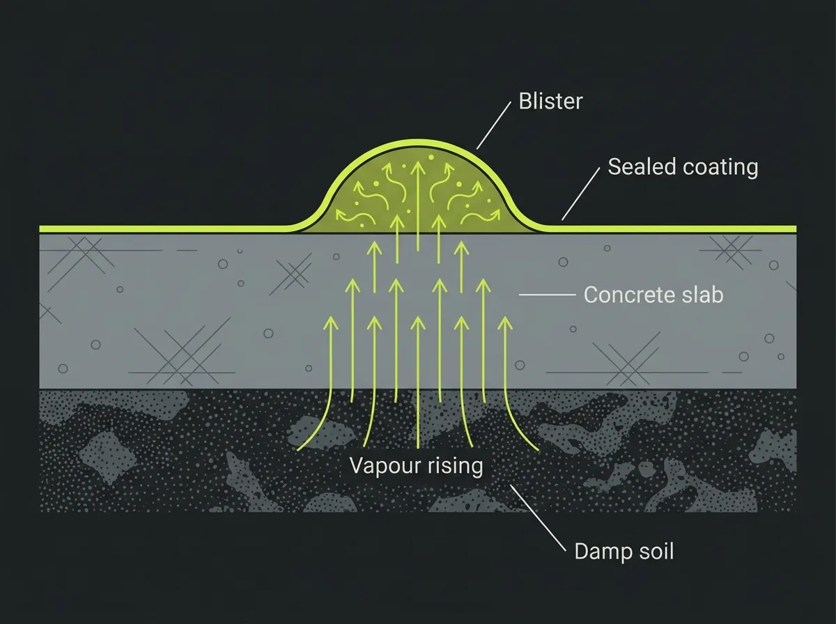 Cross-section diagram of a basement slab showing soil moisture rising through concrete as vapour and collecting beneath a sealed coating film, causing a blister