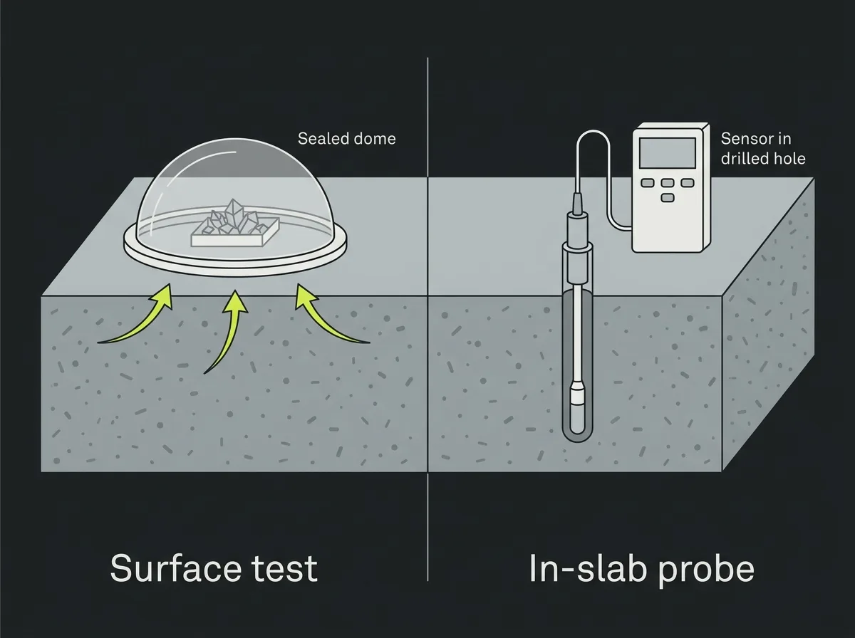 Flat vector diagram comparing two slab moisture tests, a sealed surface test area and an in-slab relative humidity probe set into a drilled hole