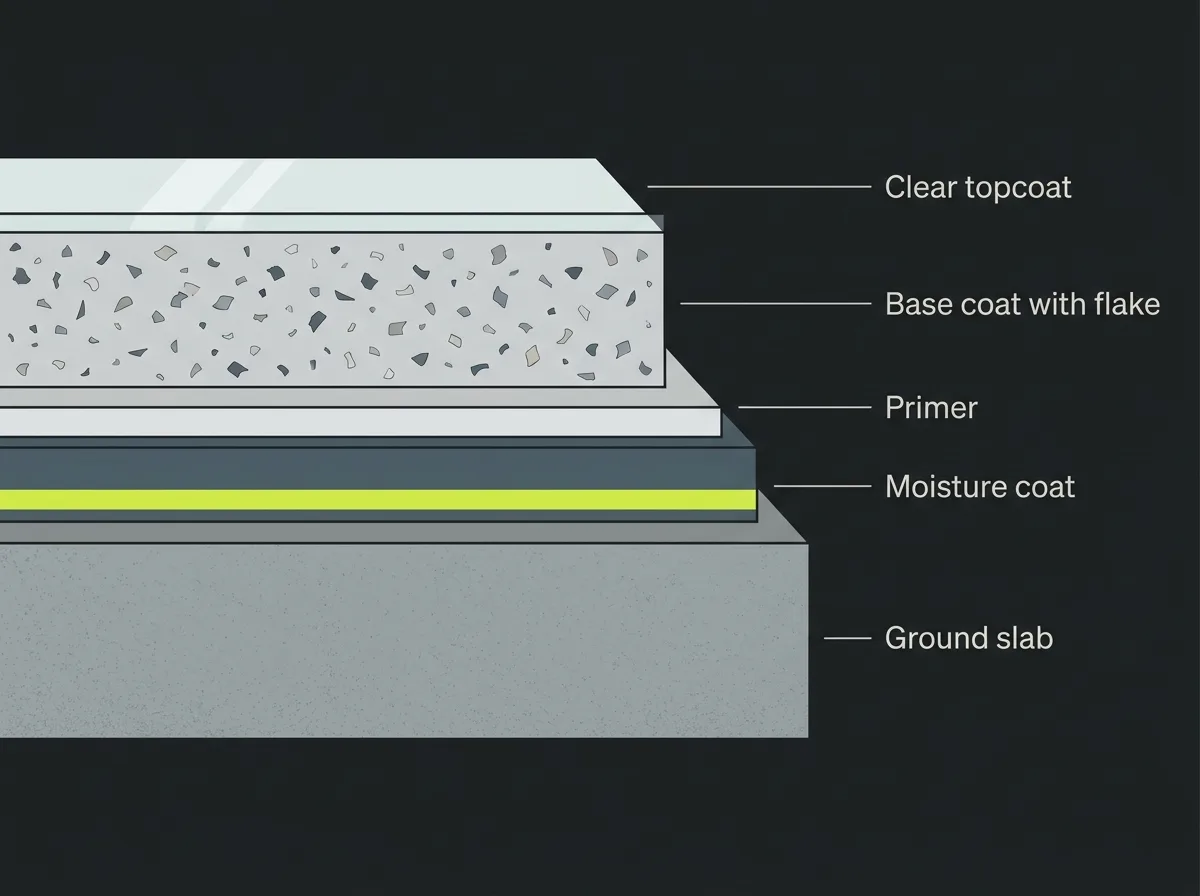 Layer diagram of a basement floor build-up showing the concrete slab, a moisture mitigation coat, a primer, a base coat with broadcast flake and a clear topcoat