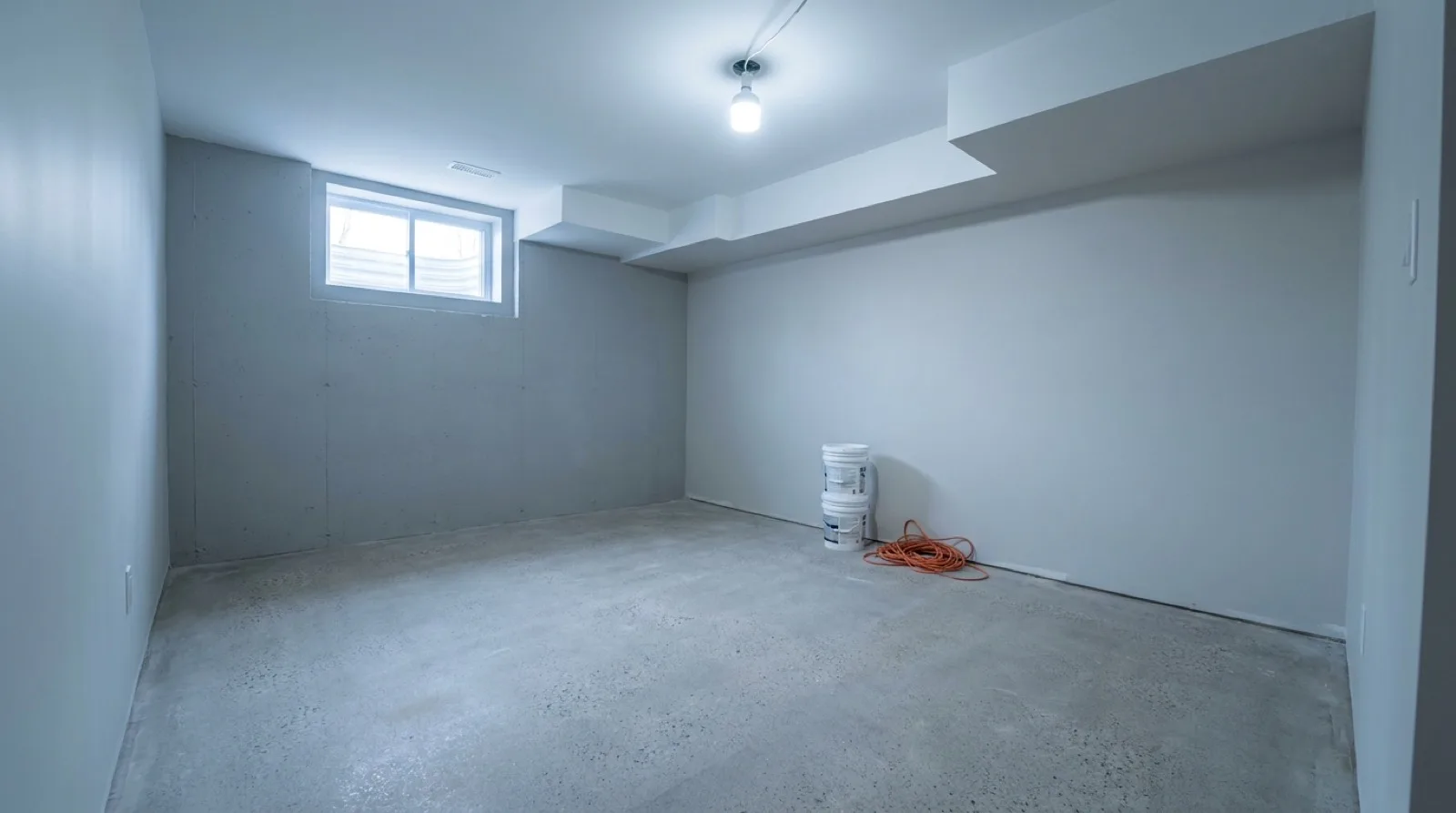 A finished basement in a Toronto house with a bare concrete slab freshly ground and swept, daylight from a small window falling across it