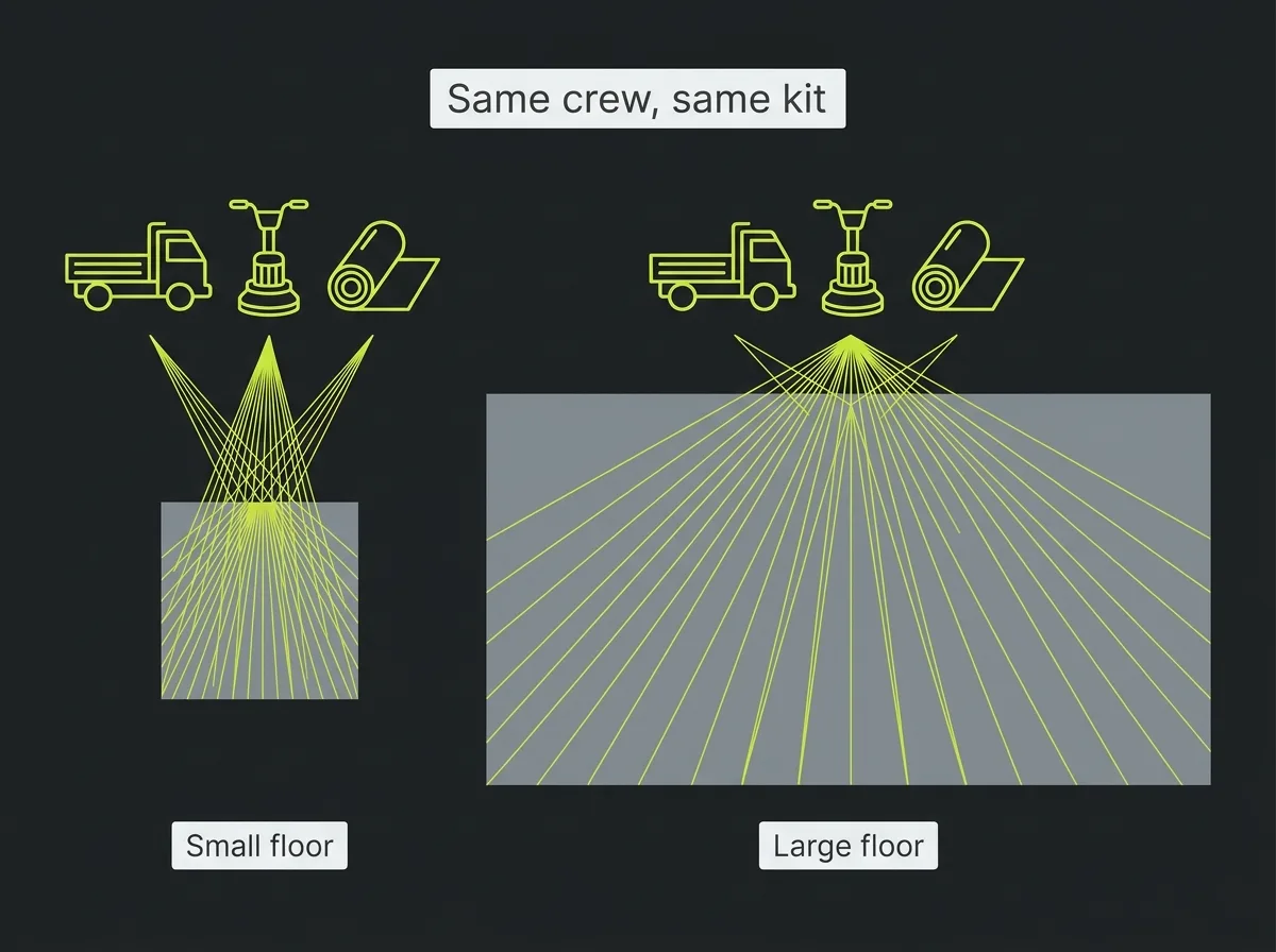 Flat vector diagram showing fixed costs of mobilisation, grinding equipment and containment spread across a small floor area versus a large floor area