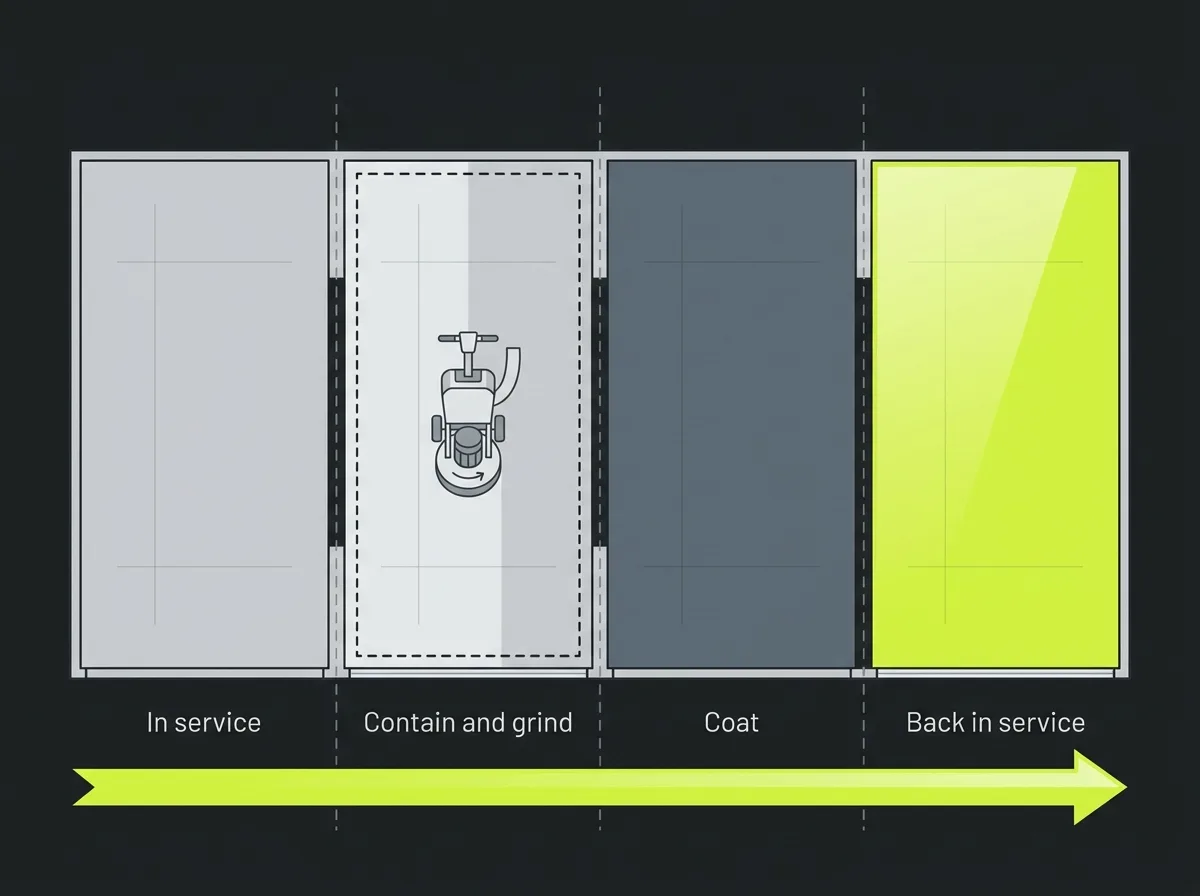 Process diagram of a phased commercial floor coating showing a space divided into sections with containment, grinding, coating and return to service moving section by section