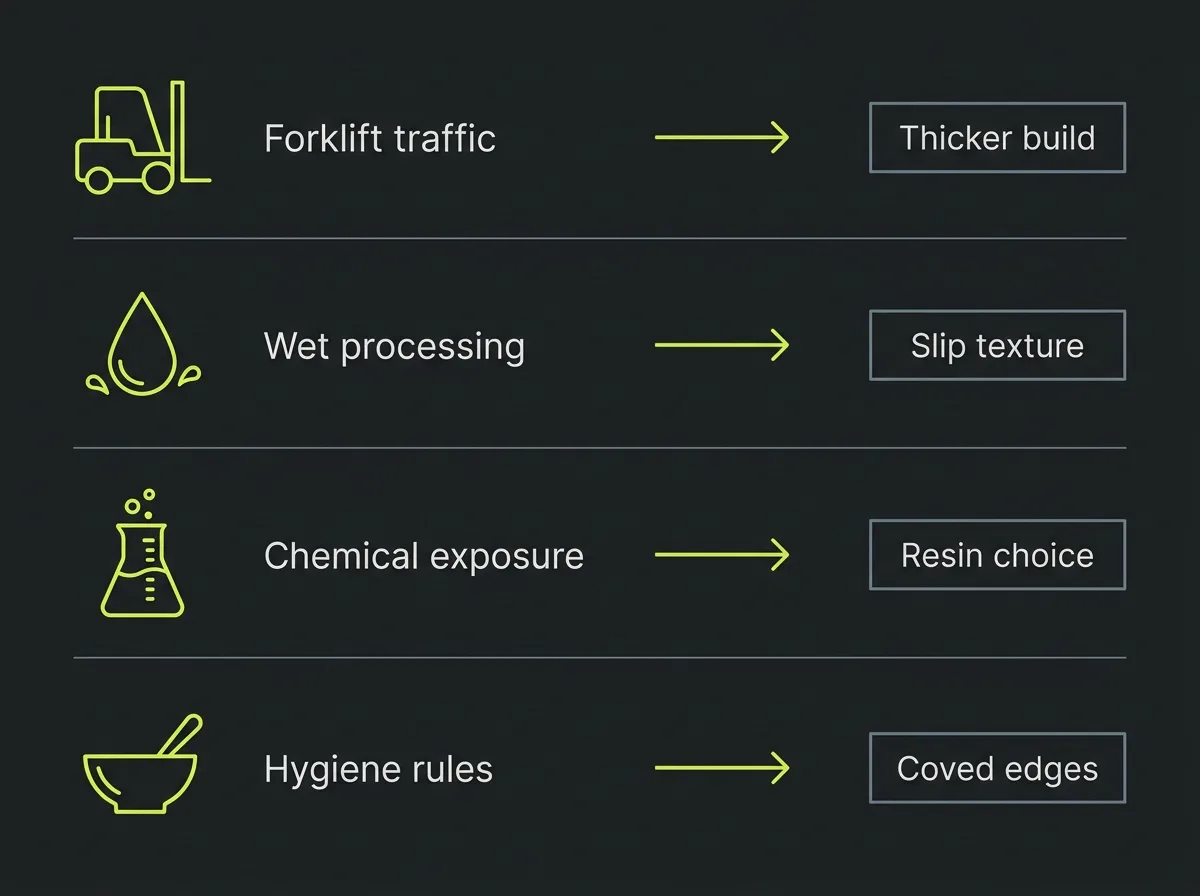 Flat vector comparison of four commercial floor demands, forklift traffic, wet processing, chemical exposure and hygiene, each pointing to a matching coating requirement