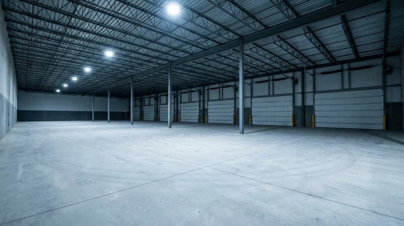 An empty warehouse interior at night with a bare concrete floor and overhead lights on, loading doors closed at the far end