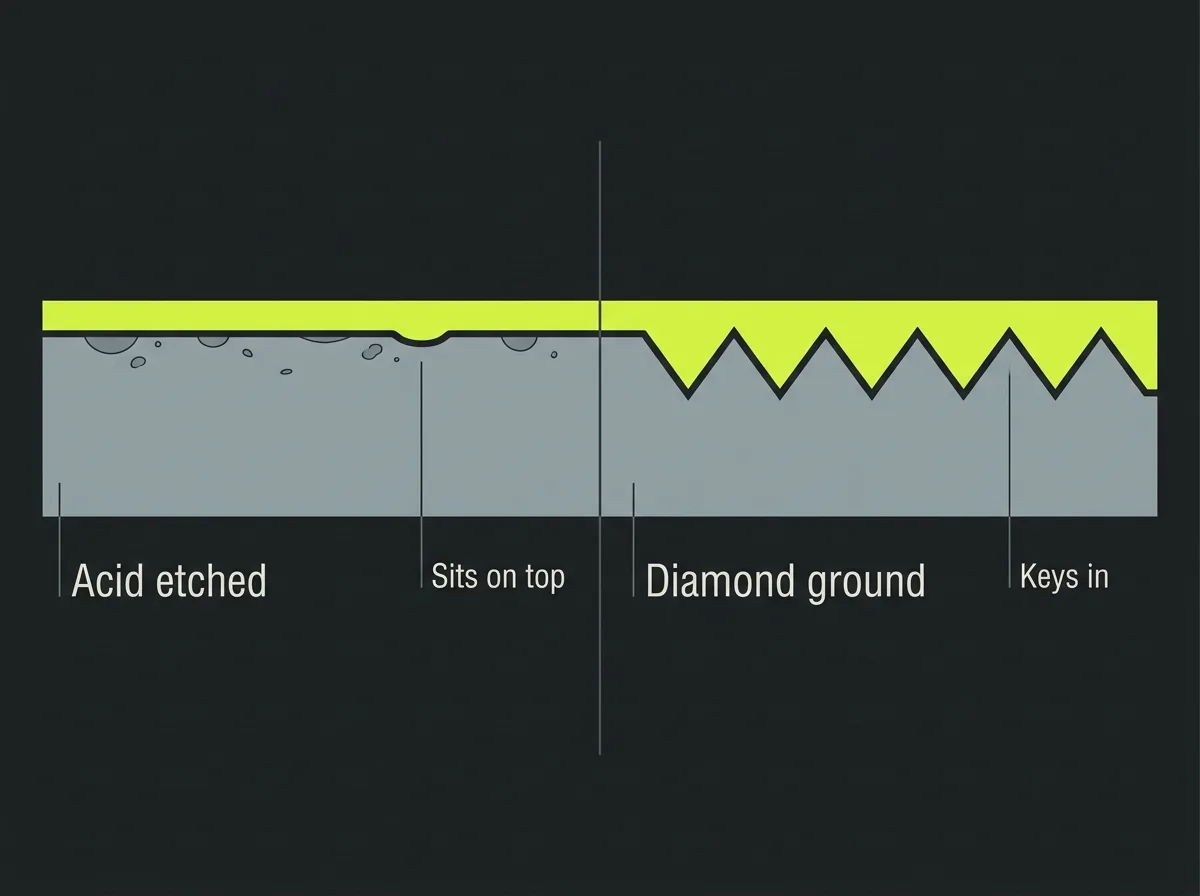 Magnified cross-section comparison of an acid etched concrete surface with a shallow uneven texture and a diamond ground surface with an open profile, coating keyed into each