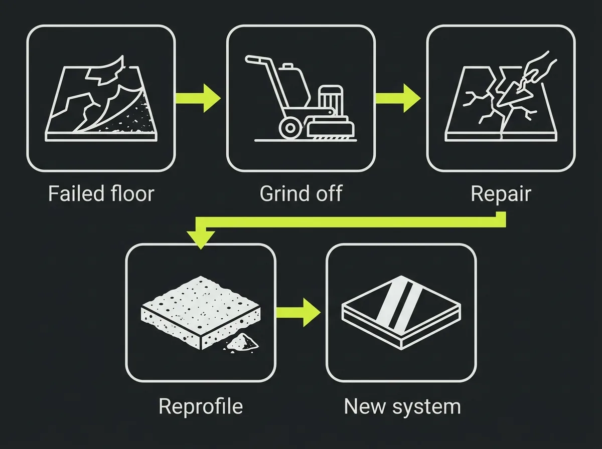 Process diagram showing the removal and redo sequence for a failed coating, grinding off the old film, repairing the slab, reprofiling and applying a new system