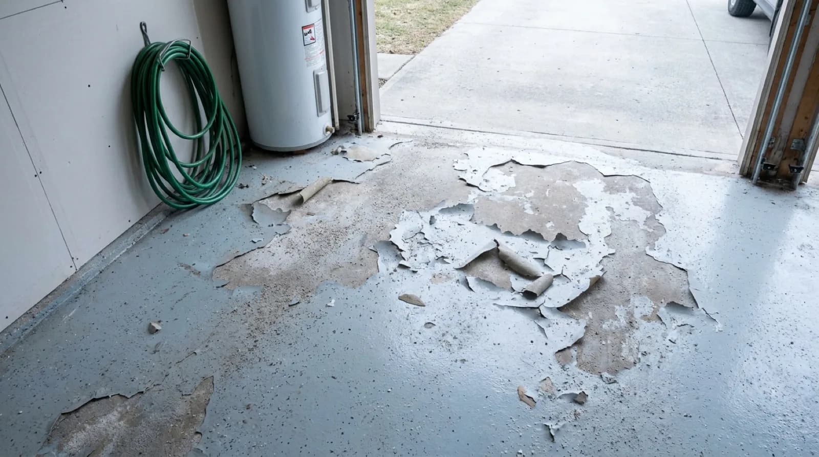 A suburban Toronto garage floor with an older grey coating peeling away in flakes near the door opening, exposing bare concrete underneath
