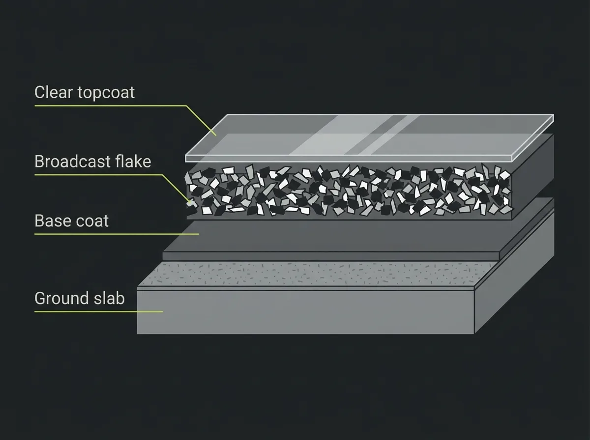 Cross-section diagram of a flake floor build-up showing the ground slab, pigmented base coat, broadcast vinyl chips, the scrape and vacuum step and the clear topcoat