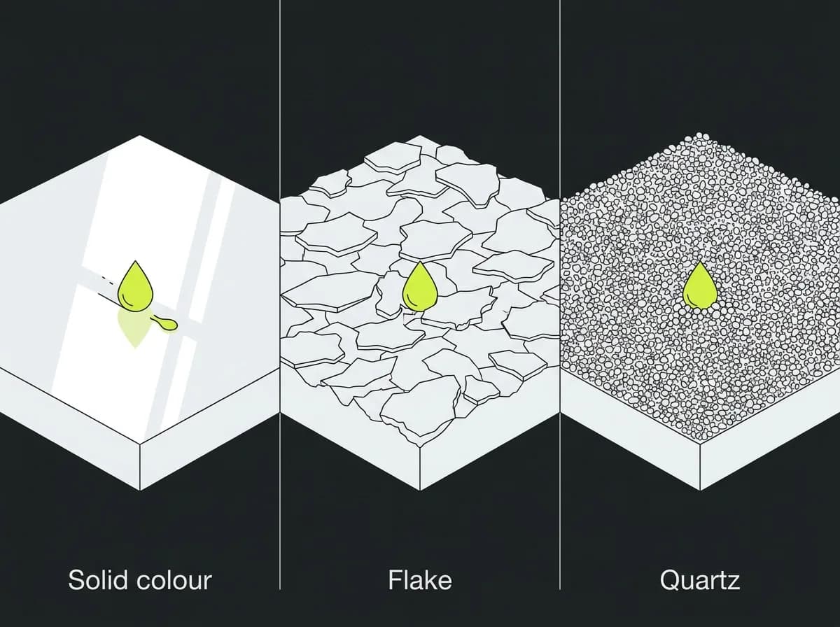 Flat vector comparison of three floor surface textures, a smooth solid colour coating, an irregular vinyl flake surface and a fine quartz aggregate surface, shown with a water droplet on each