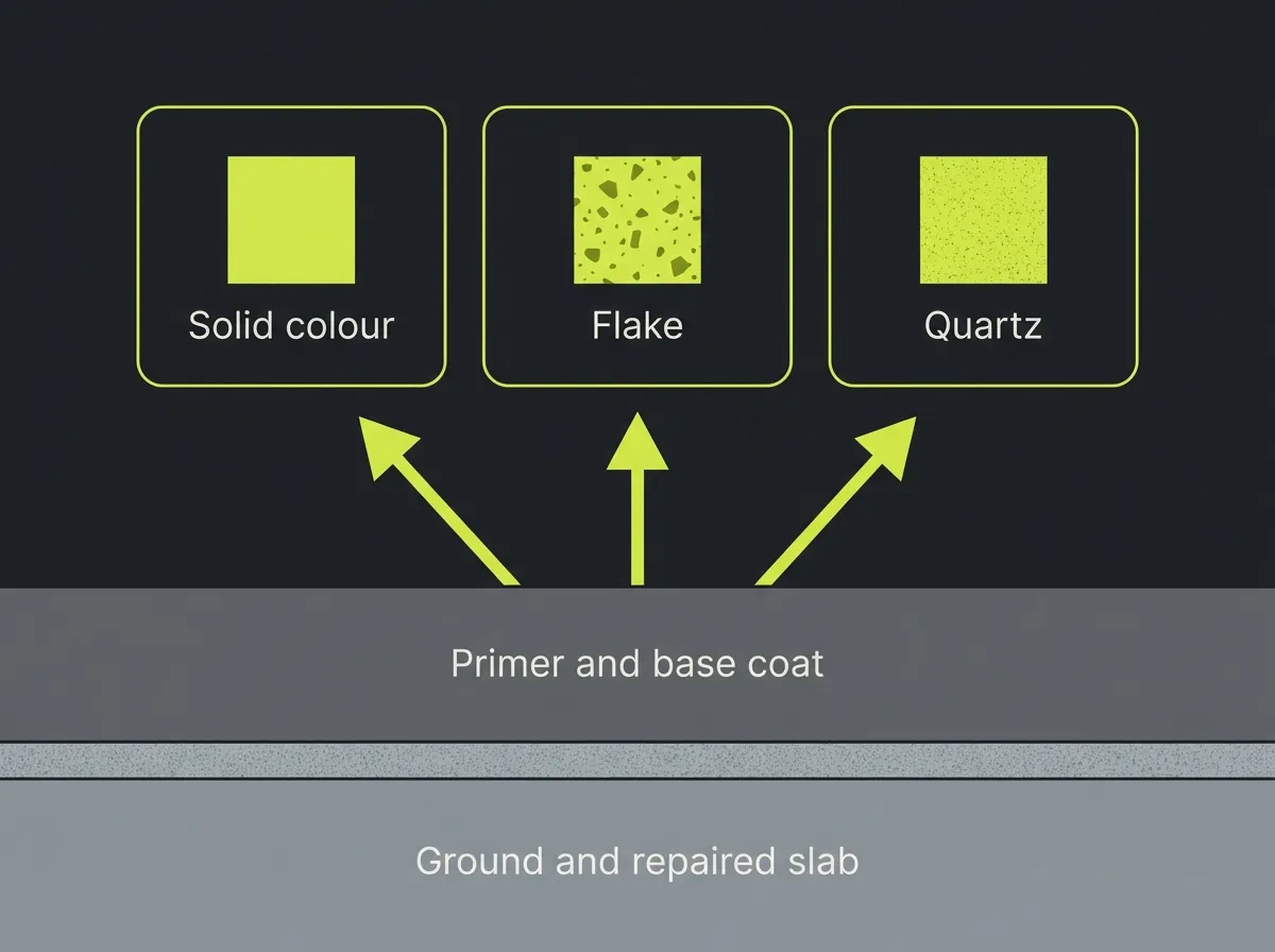 Flat vector diagram showing a shared preparation and base layer supporting three different decorative finishes branching from it, solid colour, flake and quartz