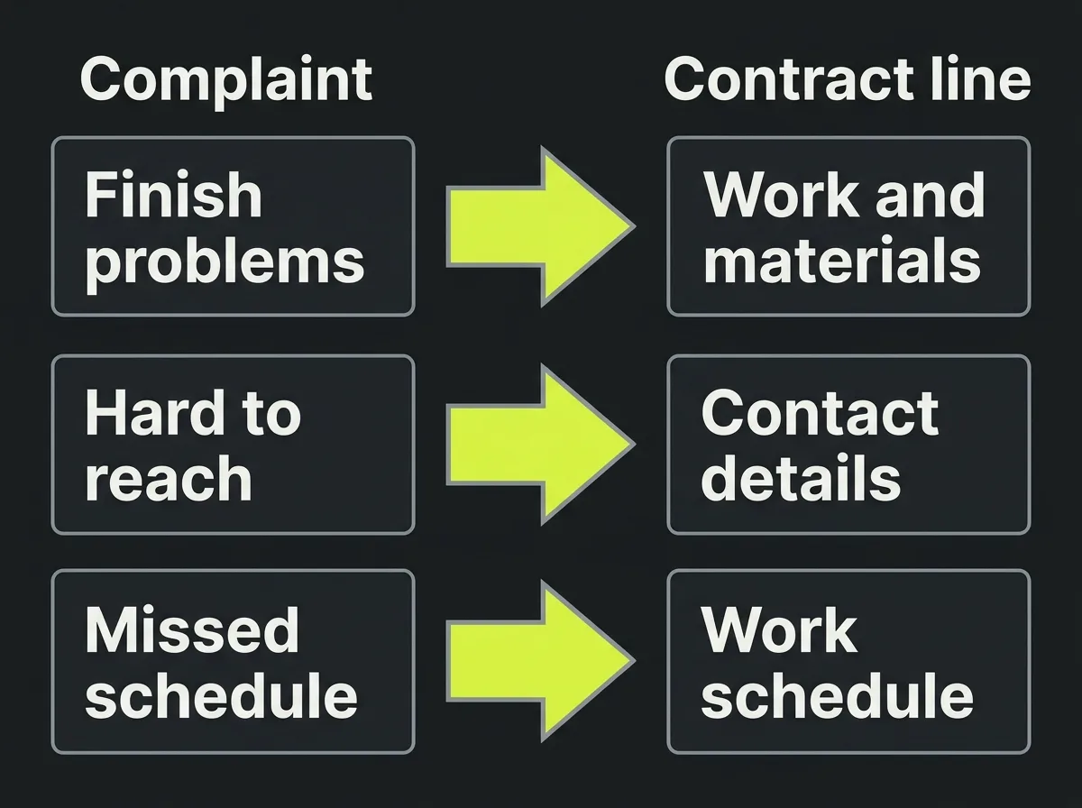 Diagram linking three complaint themes, finish problems, hard to reach and missed schedule, to the contract line that answers each: materials and work, contact details and work schedule