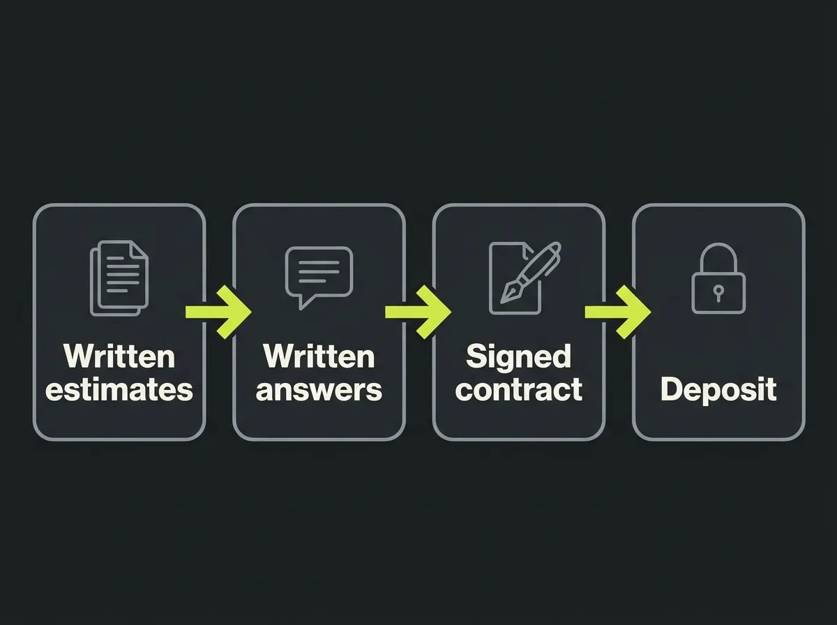 Flow diagram of the order of steps before signing a floor coating contract: written estimates, written answers, signed contract, then deposit