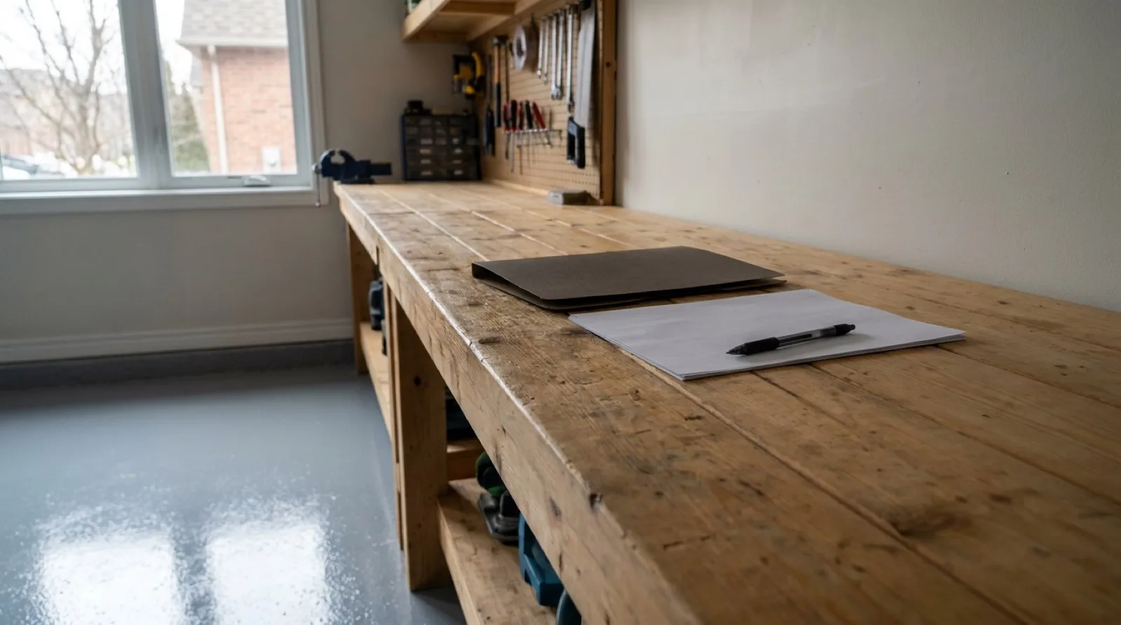 A workbench in a garage with a freshly coated grey floor, holding a closed folder, blank sheets of paper and a pen