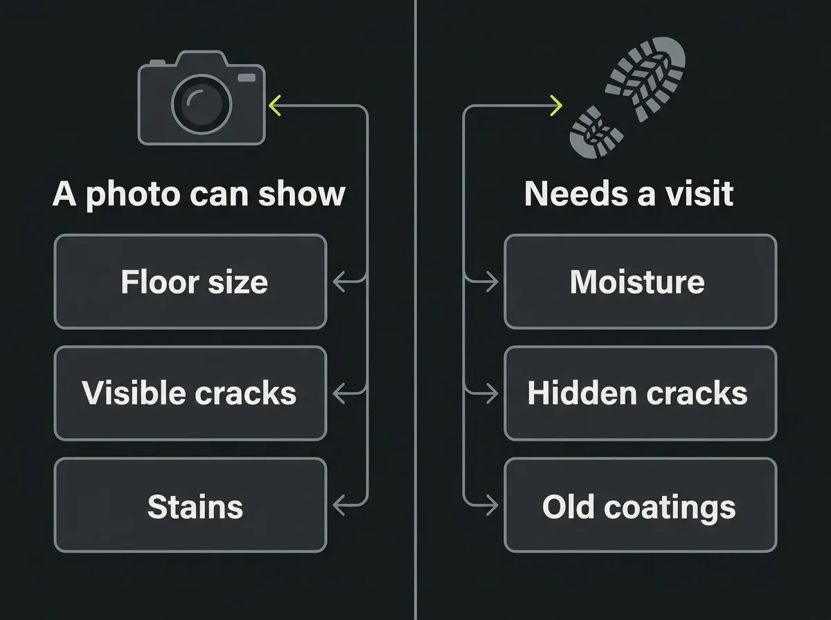 Two-column diagram contrasting what a photo can show, floor size, visible cracks and stains, with what needs an in-person check: moisture, hidden cracks and old coatings