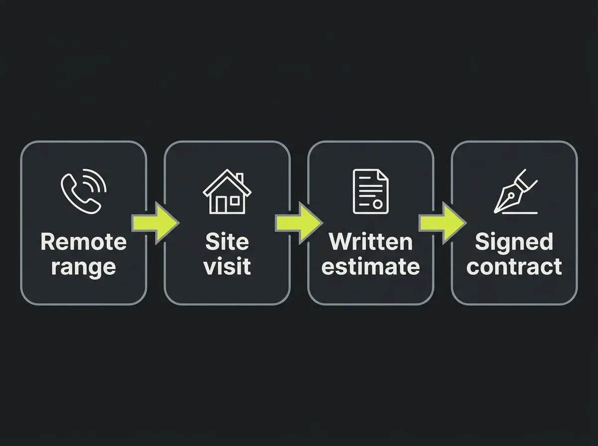 Flow diagram from a remote range to a site visit, a written estimate and a signed contract