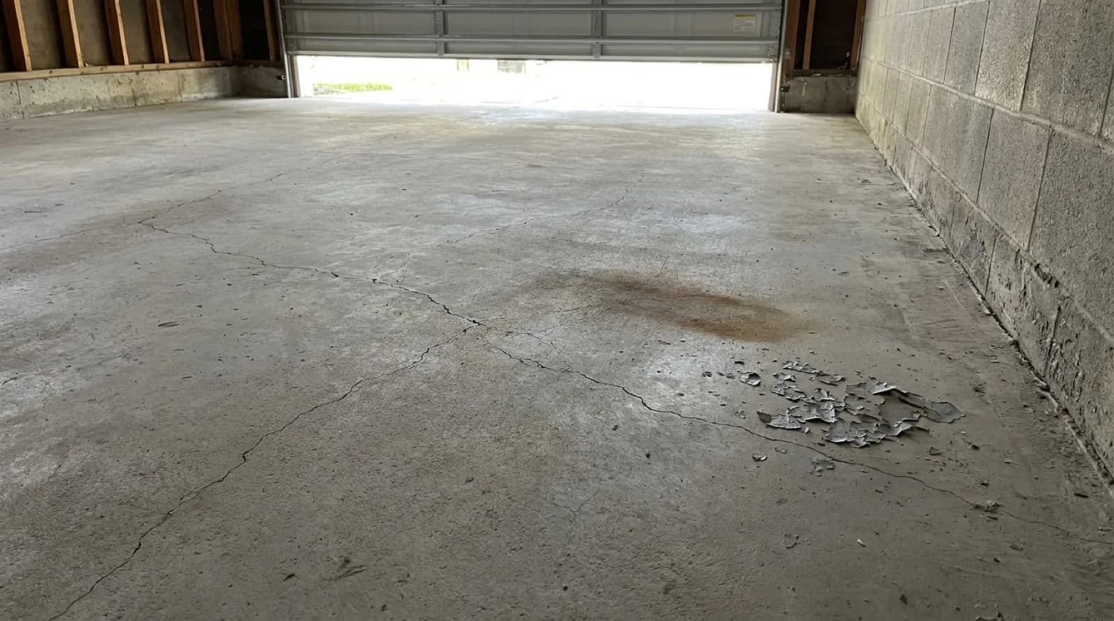 A bare concrete garage floor with fine cracks, an old stain and flakes of peeling coating, lit by daylight under a part-open garage door