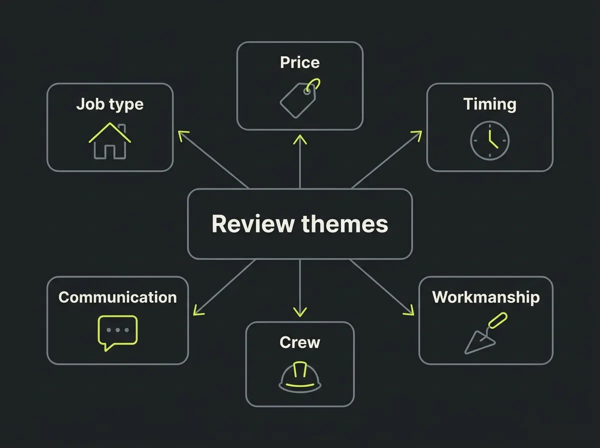 Diagram grouping review themes into six groups: price, timing, workmanship, crew, communication and job type