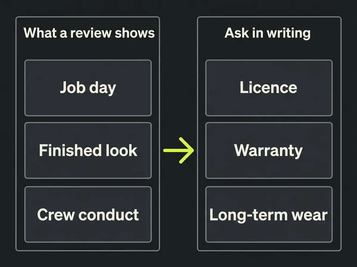 Two-column diagram contrasting what a review can show, the job day and the finished look, with what to ask in writing, licence, warranty and long-term wear
