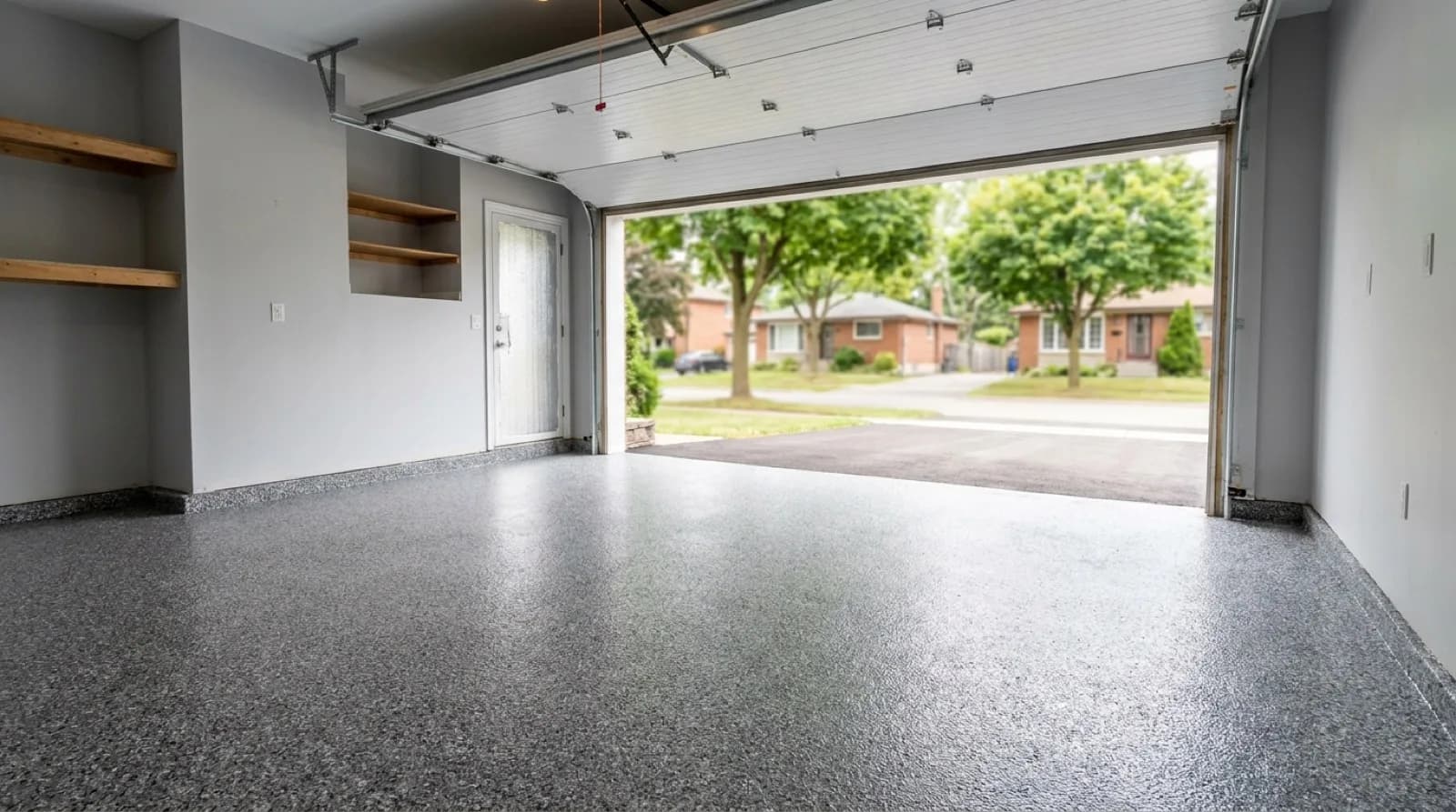 A finished grey and charcoal flake coated floor in a tidy garage of a Toronto-area house, lit by daylight through the open garage door
