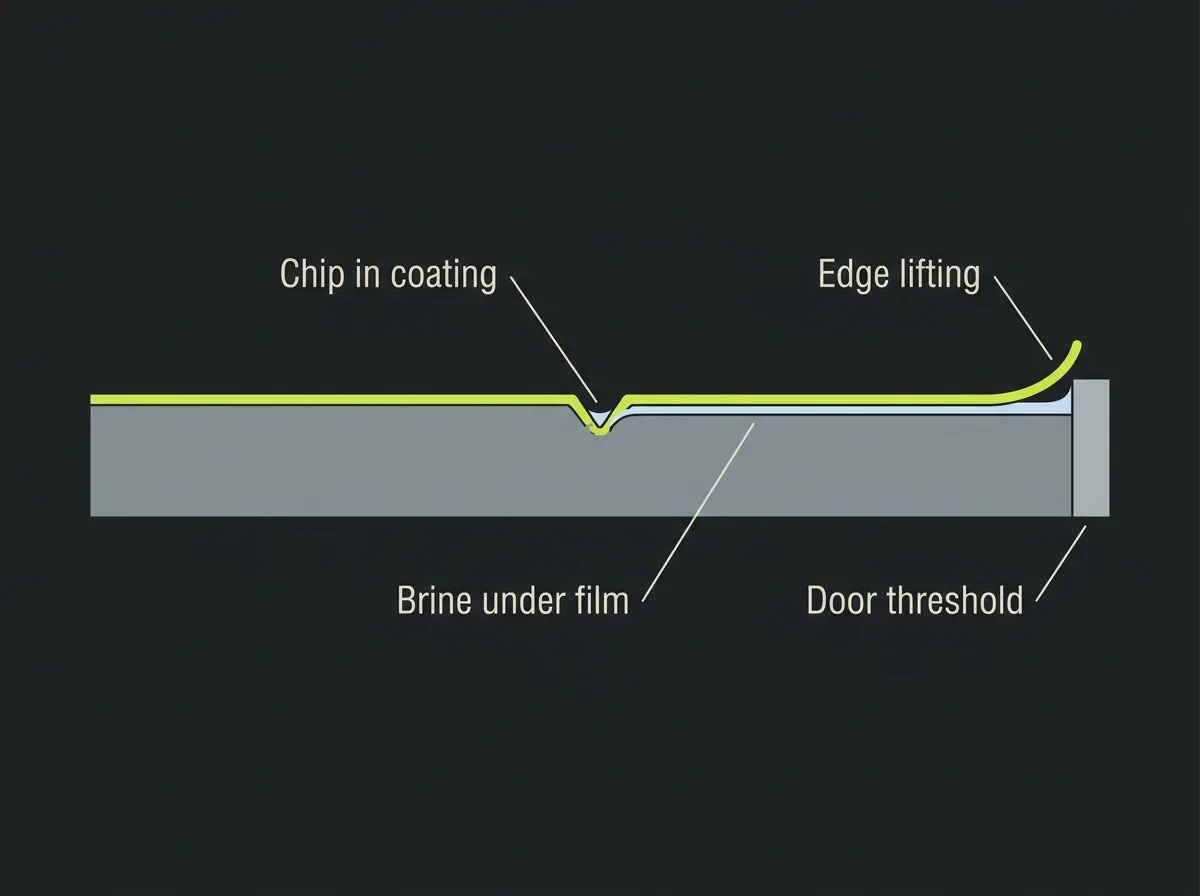 Cross-section diagram of a garage door threshold showing a chip in the coating, brine travelling underneath the film and the edge lifting away from the slab