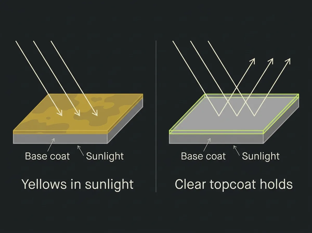 Layer diagram comparing an epoxy system yellowing under sunlight with an epoxy base coat protected by a UV stable clear topcoat