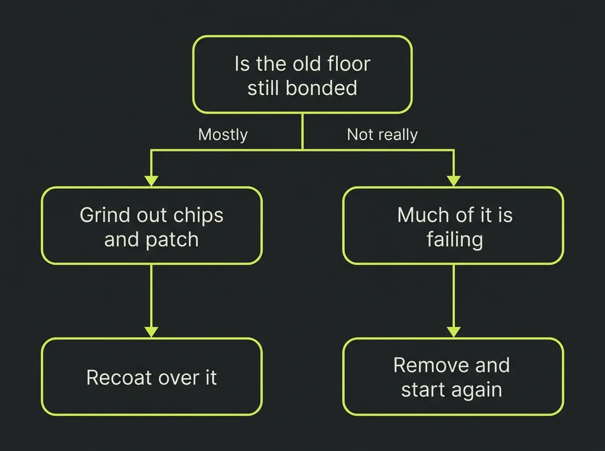 Decision diagram asking whether the existing coating is well bonded, whether chips can be ground out and patched, or whether more than a tenth of the floor is failing, leading to recoat or full removal