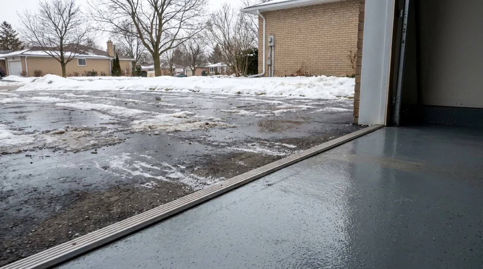 The threshold of a Toronto garage door in late winter, wet concrete with melting snow and salt residue meeting a coated floor inside