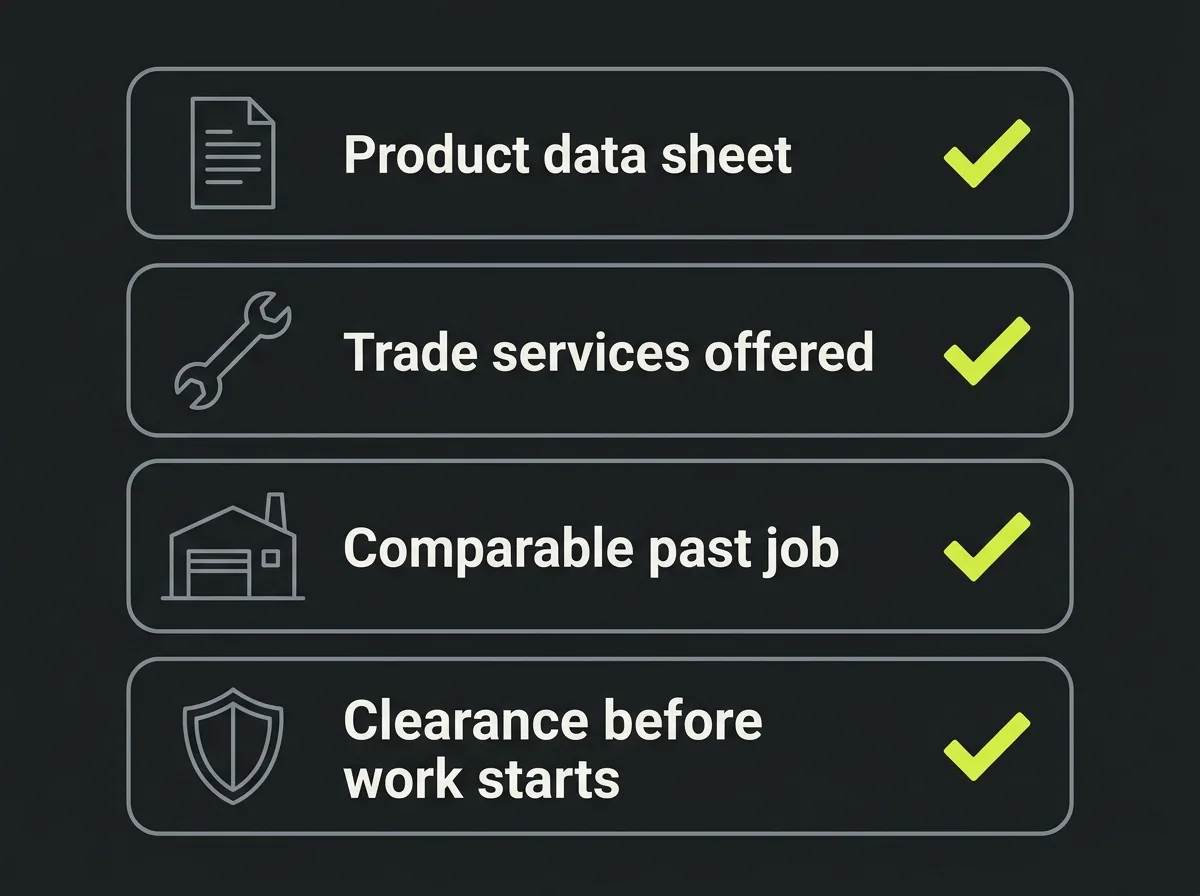 Checklist diagram of four things to ask an industrial floor coating contractor: product data sheet, trade services offered, comparable past job and clearance before work starts
