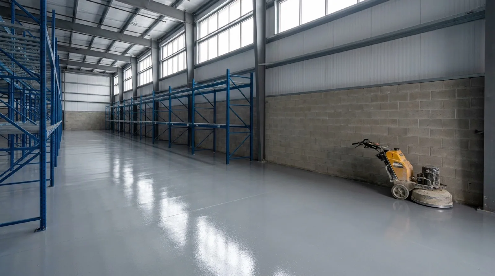 A wide, empty warehouse with a freshly coated smooth grey floor, steel pallet racks along one side and daylight from high windows