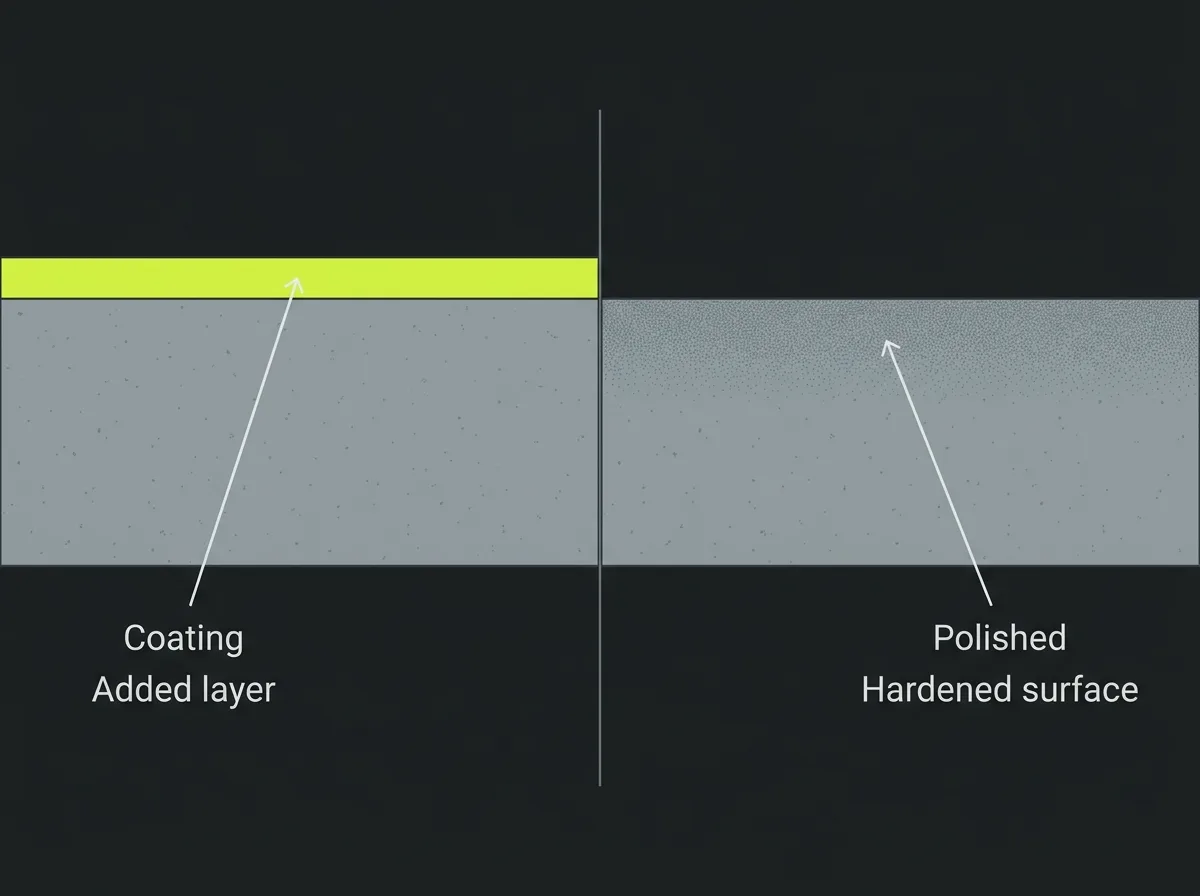 Side by side cross-section diagram showing a coated slab with an added film layer on top and a polished slab with a densified surface layer inside the concrete itself