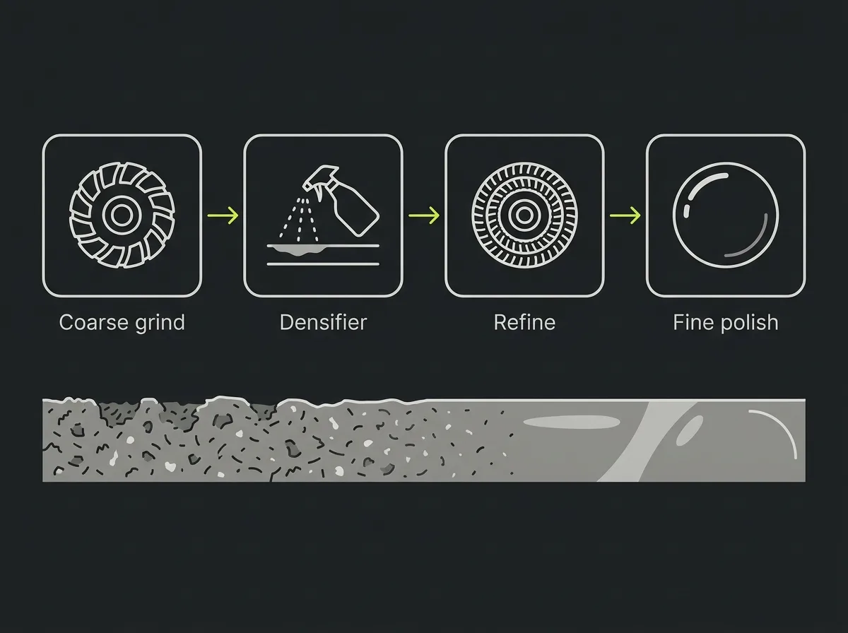 Process diagram of concrete polishing showing coarse grinding, densifier application, medium refining and fine polishing passes in sequence