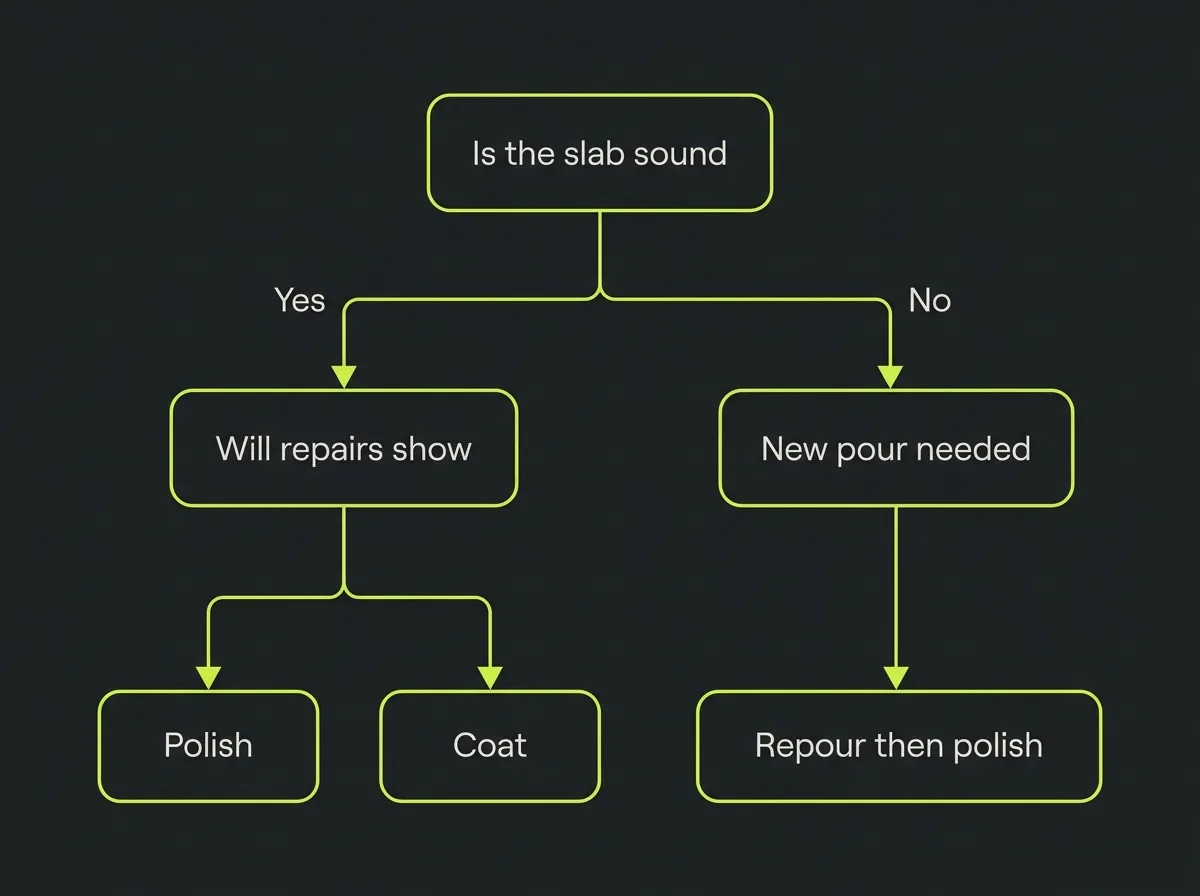 Decision tree diagram asking whether the slab is sound, whether repairs would be visible and whether a new pour is needed, leading to polish, coat or repour