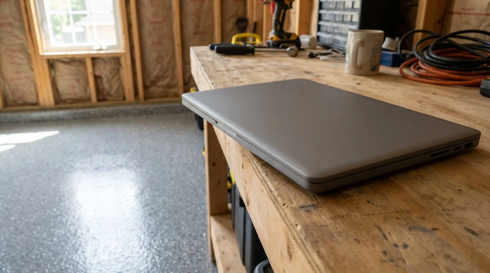 A closed laptop on a wooden workbench in a garage with a freshly coated grey flake floor