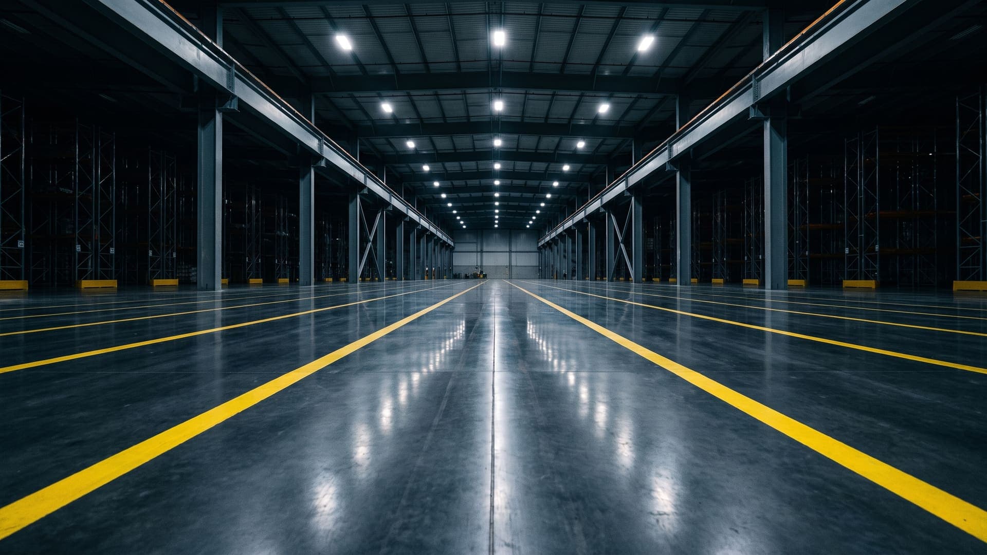 An empty warehouse floor at night seen almost at slab level, yellow line marking running away between racking to a vanishing point, high bay lights reflected the length of the coating
